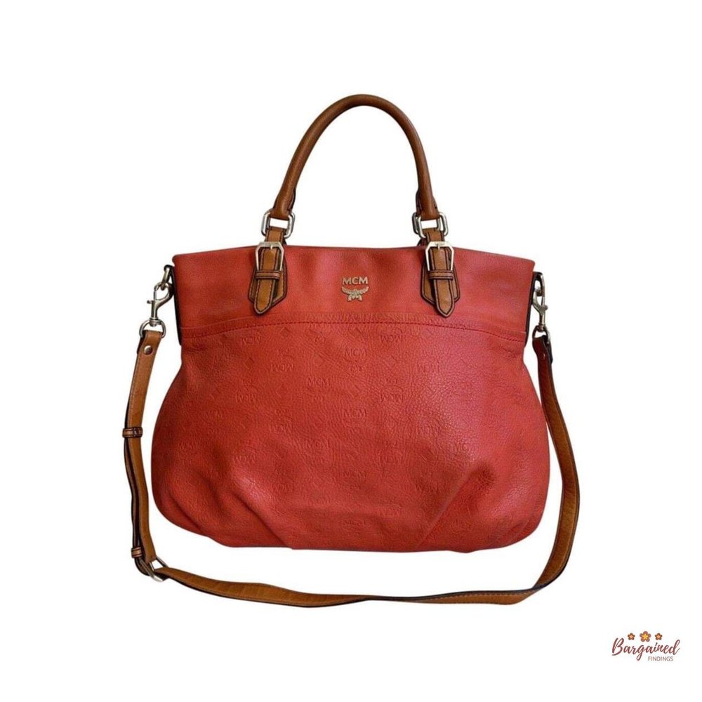 Authentic MCM Embossed Blue Leather 2-Way Shoulder/Hand Tote Bag
